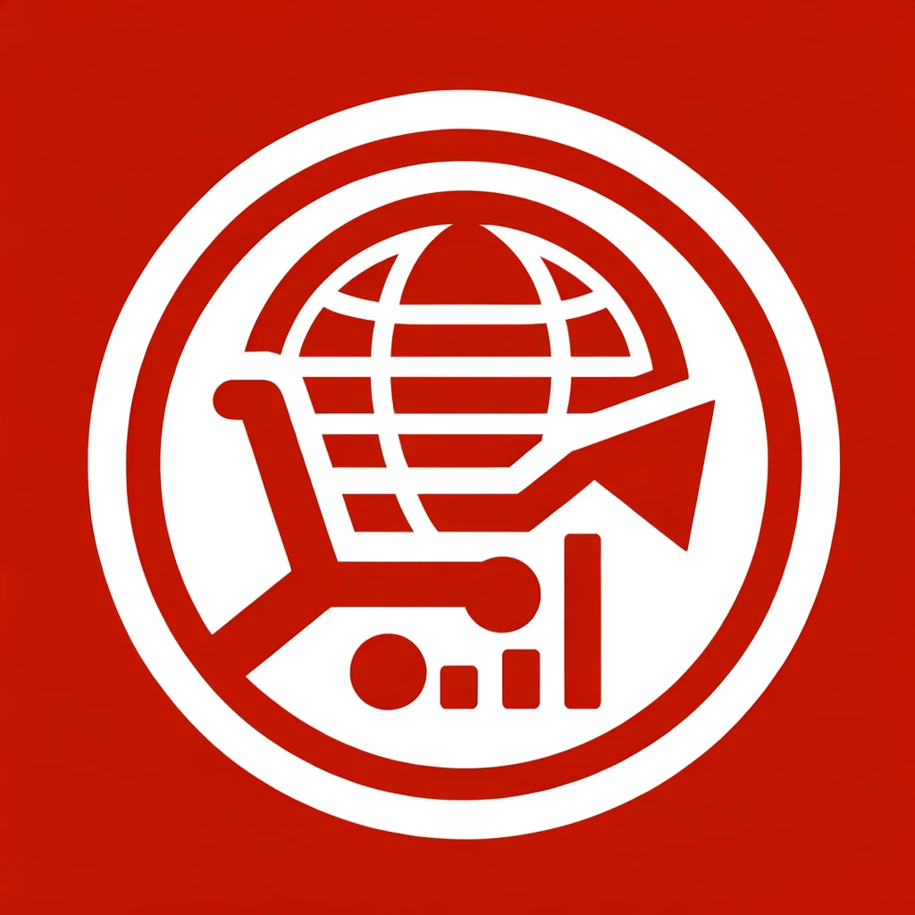 A white icon featuring a stylized shopping cart, growth arrow, and globe on a red background, representing E-commerce Market Entry Strategies